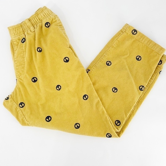 Urban Outfitters Yellow Corduroy Straight Leg Pants Peace Sign Print Small - Picture 1 of 9